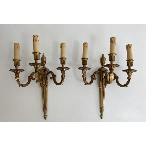 Image 1 of Pair of vintage bronze wall lamps with 3 arms, 1950