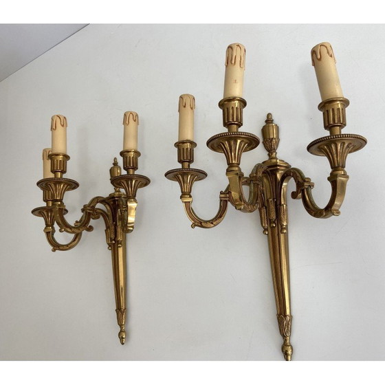 Image 1 of Pair of vintage bronze wall lamps with 3 arms, 1950