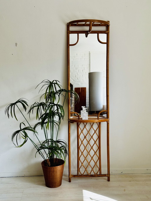 Vintage Rattan Wall Coat Rack / Wardrobe 1970s