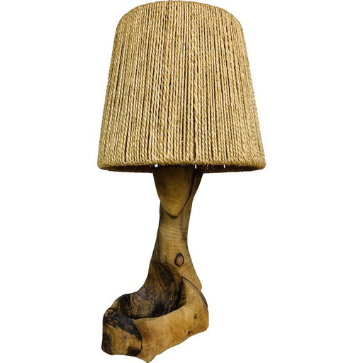Vintage Brutalist lamp in olive wood and rope