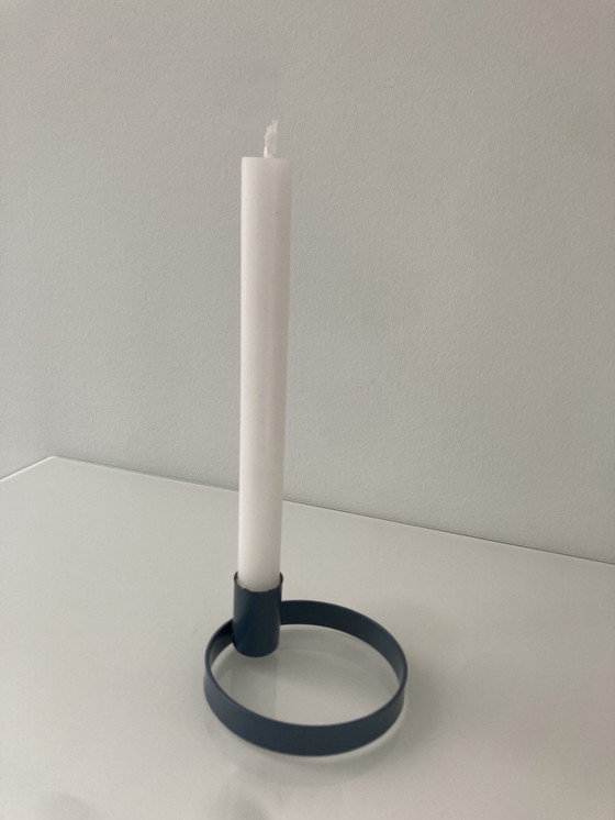 Image 1 of Circular Candlestick In Blue Gray Painted Steel