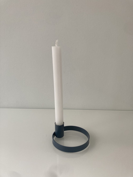 Image 1 of Circular Candlestick In Blue Gray Painted Steel