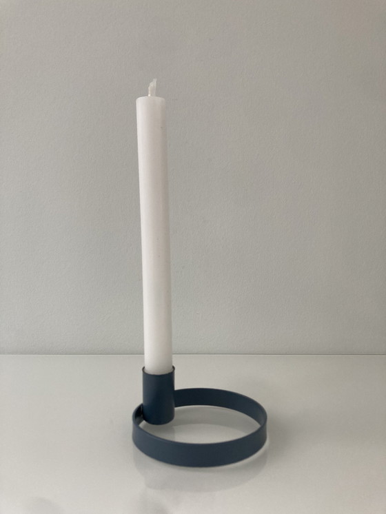 Image 1 of Circular Candlestick In Blue Gray Painted Steel