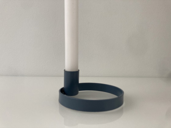 Image 1 of Circular Candlestick In Blue Gray Painted Steel