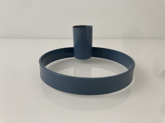 Image 1 of Circular Candlestick In Blue Gray Painted Steel