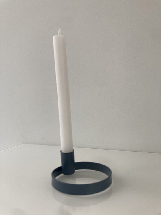 Image 1 of Circular Candlestick In Blue Gray Painted Steel