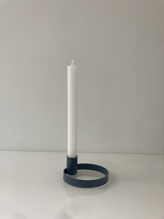 Image 1 of Circular Candlestick In Blue Gray Painted Steel