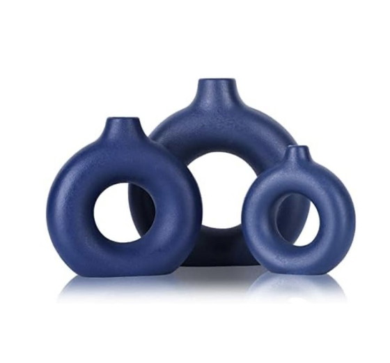 Image 1 of Bohemian Blue Ceramic Round Vases