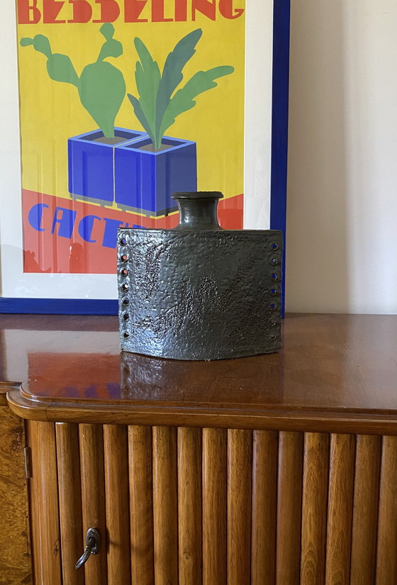 Image 1 of Vaso brutalista in ceramica verde scuro, Italia anni '80