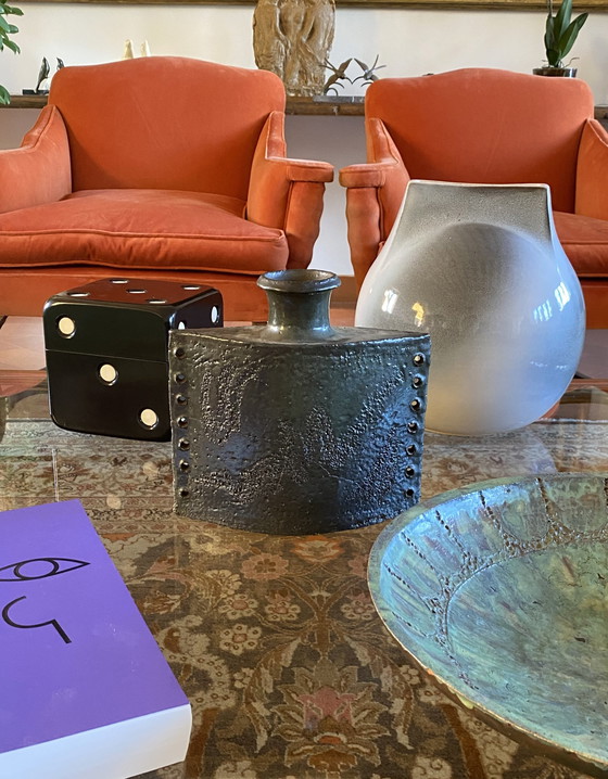 Image 1 of Vaso brutalista in ceramica verde scuro, Italia anni '80