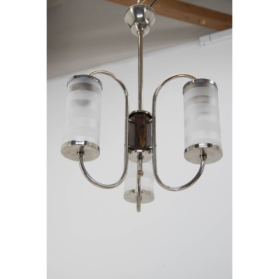 Image 1 of Vintage art deco three-flame chrome chandelier, Czechoslovakia 1930