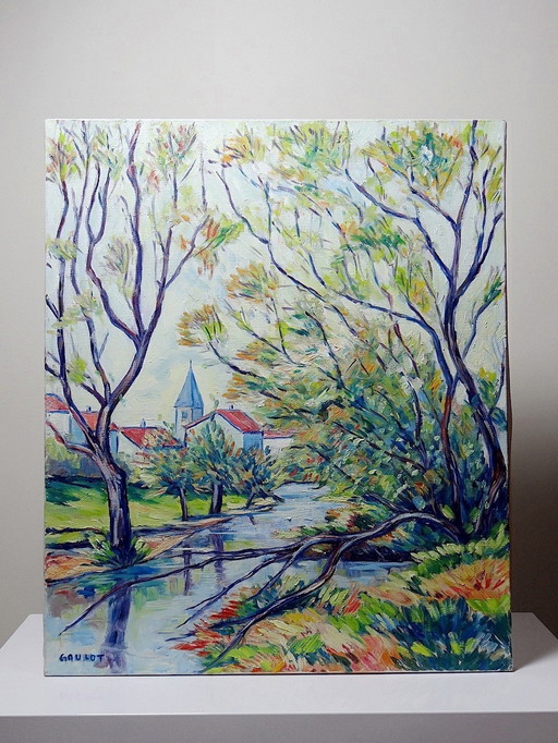 Tableau Coloré Paysage Rivière Et Village Oil On Canvas Vintage Signed Gaulot