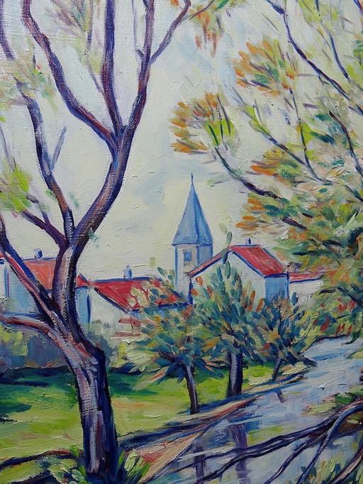 Tableau Coloré Paysage Rivière Et Village Oil On Canvas Vintage Signed Gaulot