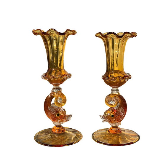 Image 1 of Pair of Venetian dolphin candle holders by Antonio Salviati