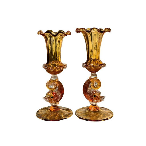 Pair of Venetian dolphin candle holders by Antonio Salviati