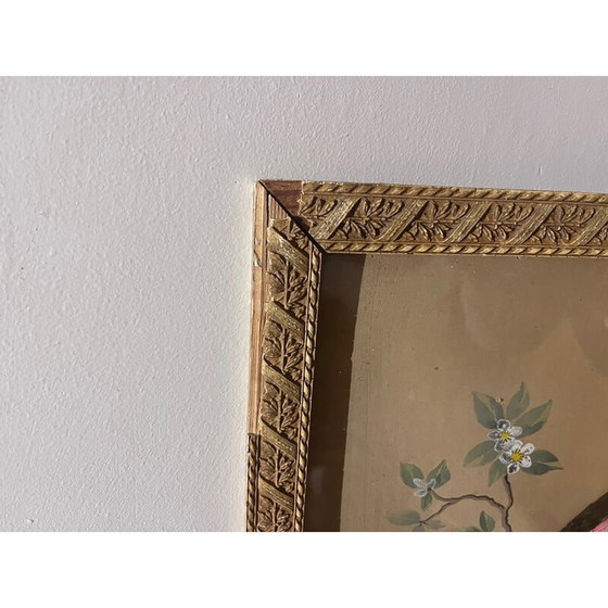 Image 1 of Illustrazione d'epoca di un uccello con collage di piume, anni '30-'40