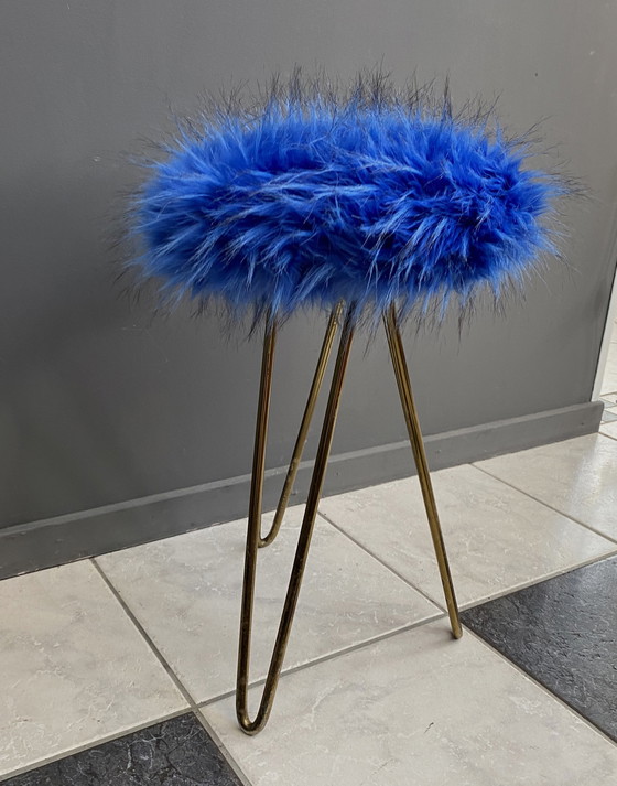 Image 1 of Blue Fluffy stool brass hairpin legs 1960s