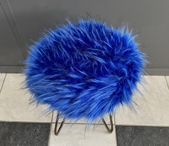 Image 1 of Blue Fluffy stool brass hairpin legs 1960s