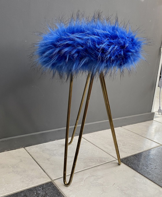 Image 1 of Blue Fluffy stool brass hairpin legs 1960s