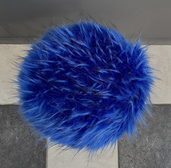 Image 1 of Blue Fluffy stool brass hairpin legs 1960s