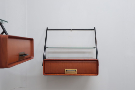 Image 1 of Wall Mounted Brass And Glass Nightstands Silvio Cavatorta 1950S