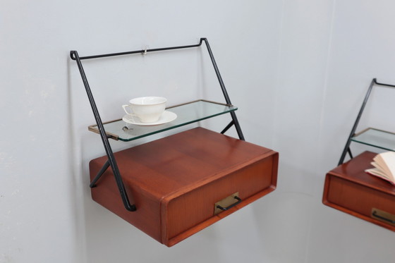 Image 1 of Wall Mounted Brass And Glass Nightstands Silvio Cavatorta 1950S