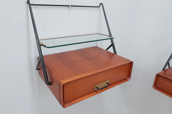 Image 1 of Wall Mounted Brass And Glass Nightstands Silvio Cavatorta 1950S