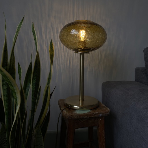 Large Antique Crackled Gold Glass Lamp With Brass Base