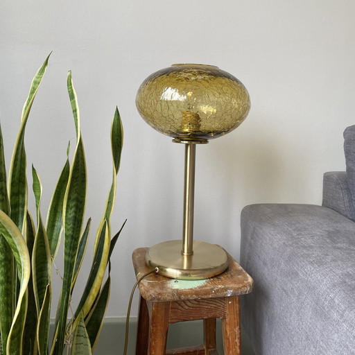 Large Antique Crackled Gold Glass Lamp With Brass Base