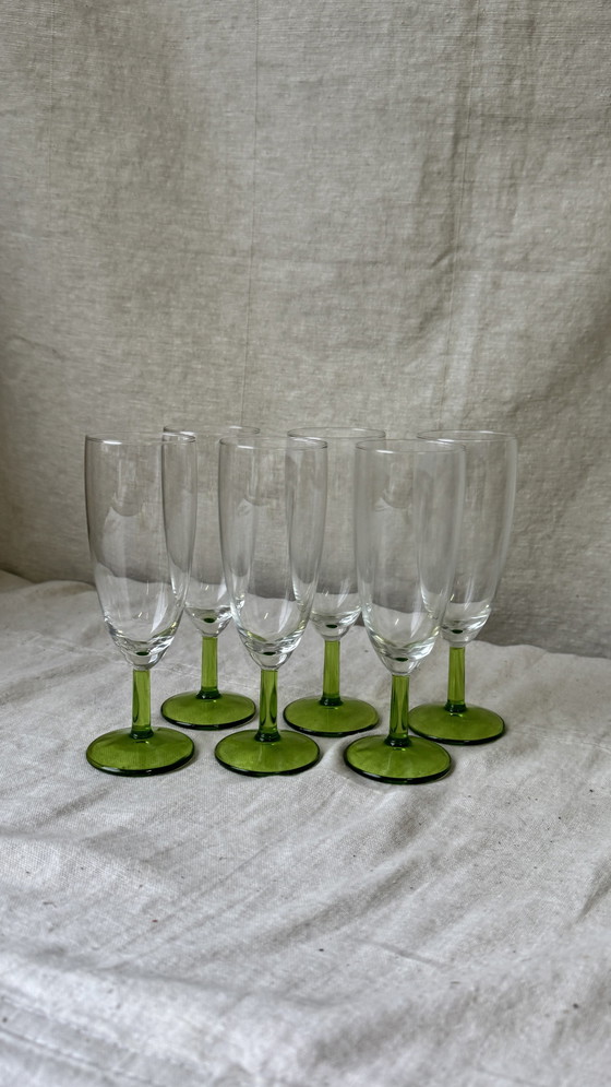 Image 1 of 6X Vintage Champagne Flute With Green Foot