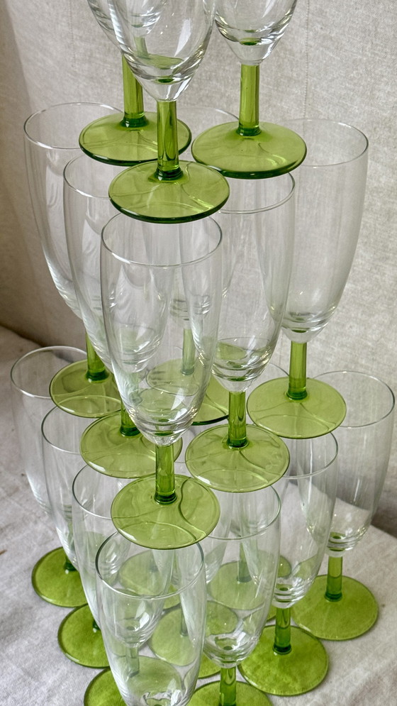 Image 1 of 6X Vintage Champagne Flute With Green Foot