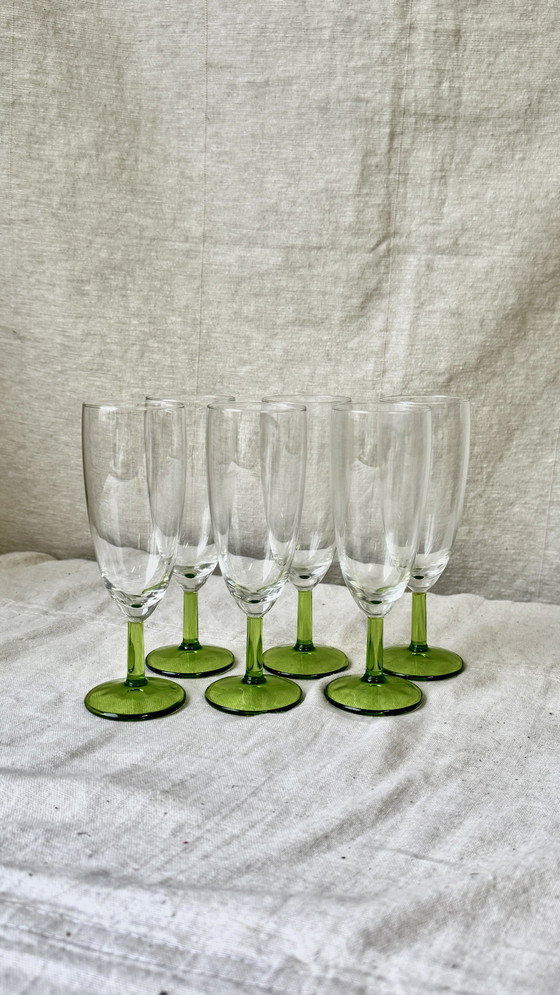 Image 1 of 6X Vintage Champagne Flute With Green Foot