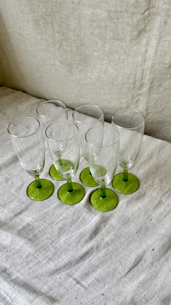 Image 1 of 6X Vintage Champagne Flute With Green Foot