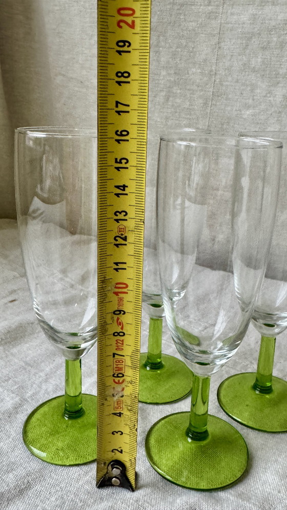 Image 1 of 6X Vintage Champagne Flute With Green Foot