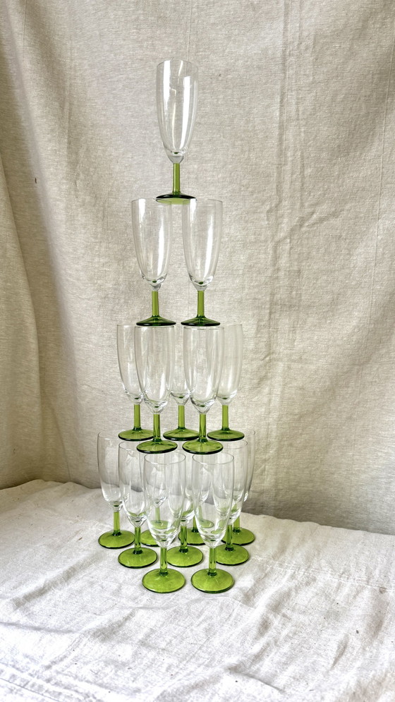 Image 1 of 6X Vintage Champagne Flute With Green Foot