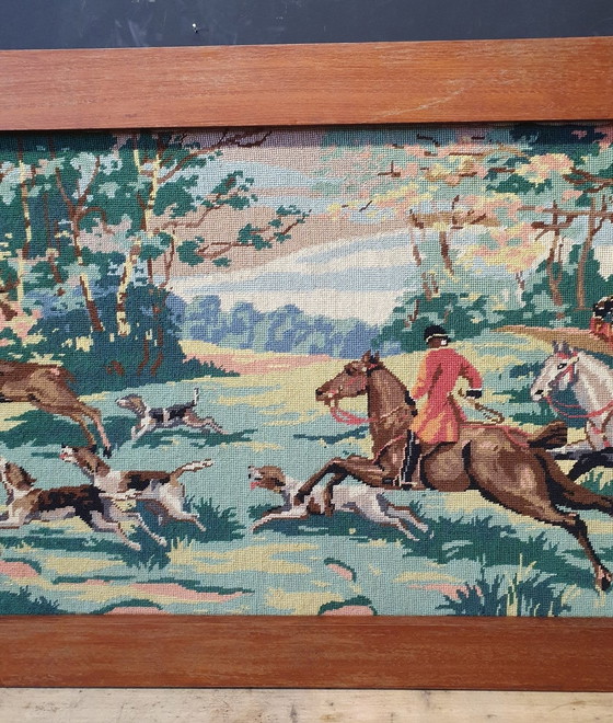 Image 1 of 1760 Vintage Embroidery With Hunting Scene