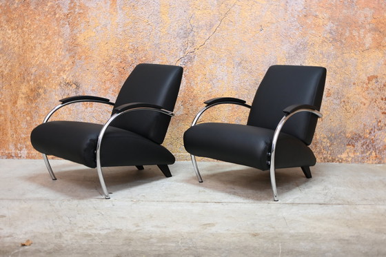 Image 1 of Reupholstered Black Leather Gelderland 5470 Armchairs