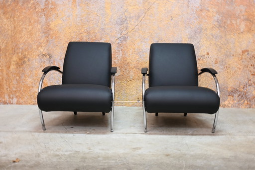 Reupholstered Black Leather Gelderland 5470 Armchairs