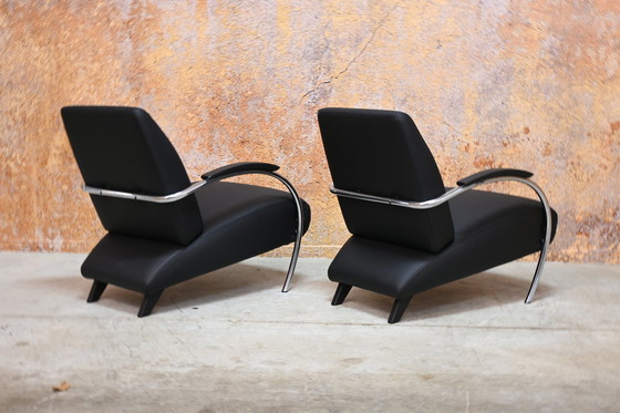 Image 1 of Reupholstered Black Leather Gelderland 5470 Armchairs