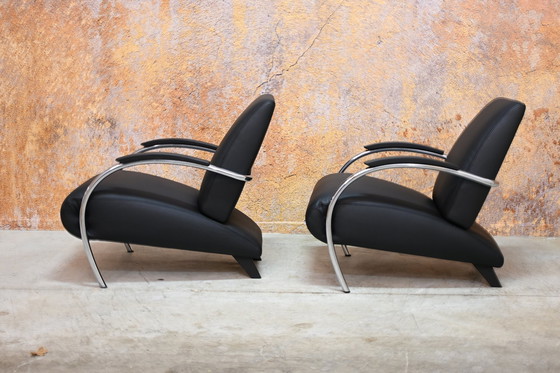 Image 1 of Reupholstered Black Leather Gelderland 5470 Armchairs