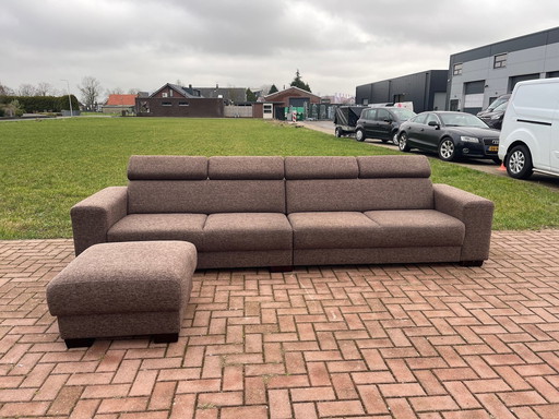 Large Fabric Brown 4-Seater Sofa + Stool