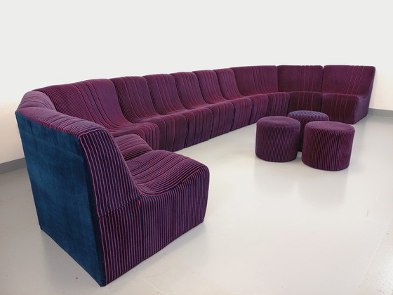 Image 1 of Vintage Snake Modular Sofa With 11 Seating Modules And 3 Velvet Fabric Poufs From the 70s and 80s
