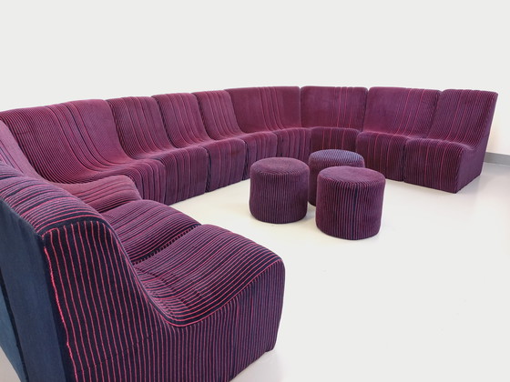 Image 1 of Vintage Snake Modular Sofa With 11 Seating Modules And 3 Velvet Fabric Poufs From the 70s and 80s