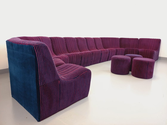 Image 1 of Vintage Snake Modular Sofa With 11 Seating Modules And 3 Velvet Fabric Poufs From the 70s and 80s