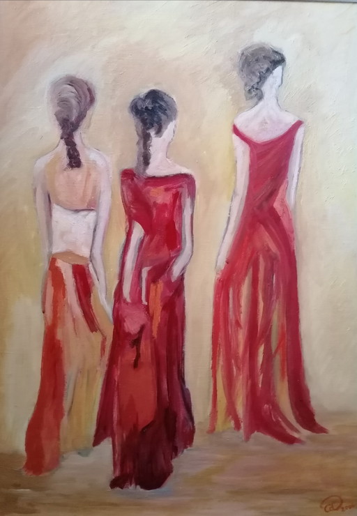 Coby den Ouden Drie ladies schilderij – schilderijen tekeningen, Canvas, Figuratief