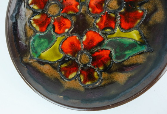 Image 1 of small vintage ruscha 1960's wall plate bowl red flowers with leaves fat lava