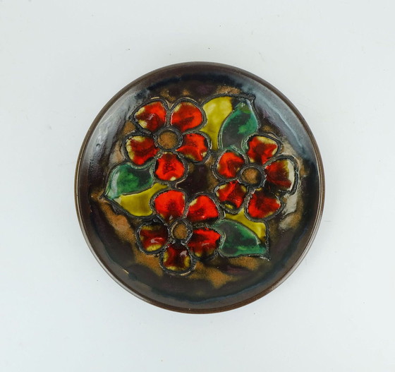 Image 1 of small vintage ruscha 1960's wall plate bowl red flowers with leaves fat lava