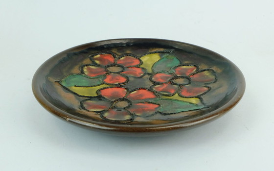 Image 1 of small vintage ruscha 1960's wall plate bowl red flowers with leaves fat lava