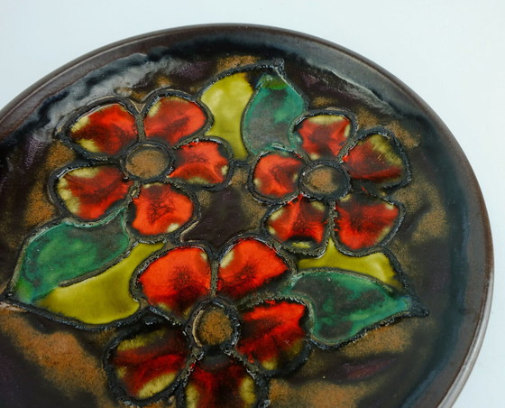 Image 1 of small vintage ruscha 1960's wall plate bowl red flowers with leaves fat lava