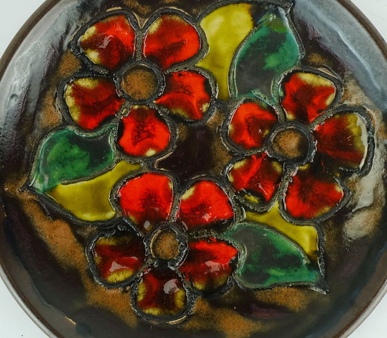 Image 1 of small vintage ruscha 1960's wall plate bowl red flowers with leaves fat lava